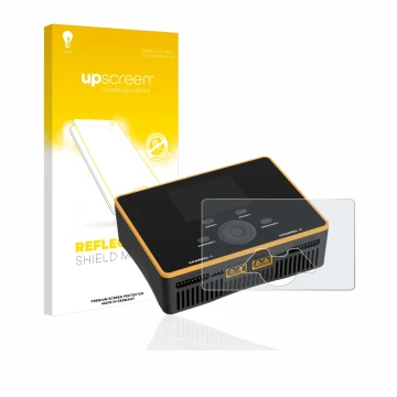Front side of a product packaging with the brand logo upscreen. Next to it is the device Junsi iCharger DX8 Duo shown with the