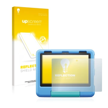 Front side of a product packaging with the brand logo upscreen. Next to it is the device Amazon Fire HD 8 Kids 2022 shown with