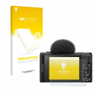 Front side of a product packaging with the brand logo upscreen. Next to it is the device Sony ZV-1F shown with the correspondi