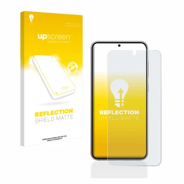 Front side of a product packaging with the brand logo upscreen. Next to it is the device Samsung Galaxy S23 shown with the cor