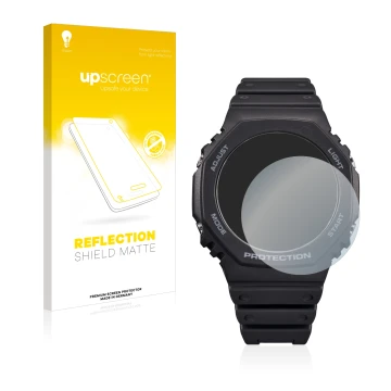 Front side of a product packaging with the brand logo upscreen. Next to it is the device Casio G-Shock GA-B2100 shown with the