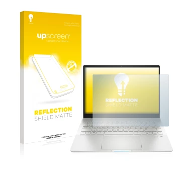 Front side of a product packaging with the brand logo upscreen. Next to it is the device HP Pavilion Plus 14-eh shown with the