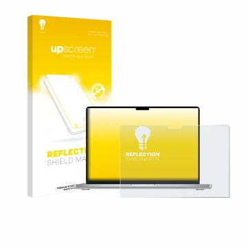 Front side of a product packaging with the brand logo upscreen. Next to it is the device Apple MacBook Pro 14