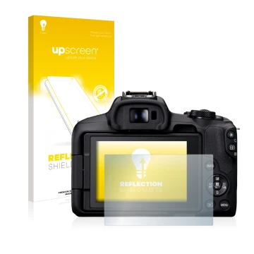 Front side of a product packaging with the brand logo upscreen. Next to it is the device Canon EOS R50 shown with the correspo