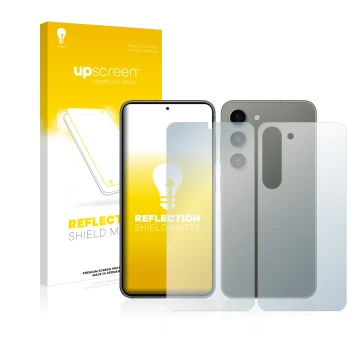 Front side of a product packaging with the brand logo upscreen. Next to it is the device Samsung Galaxy S23 Plus (Front+Back) 