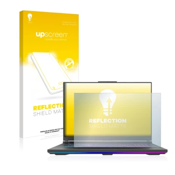 Front side of a product packaging with the brand logo upscreen. Next to it is the device ASUS ROG Strix G18 G814 2023 shown wi