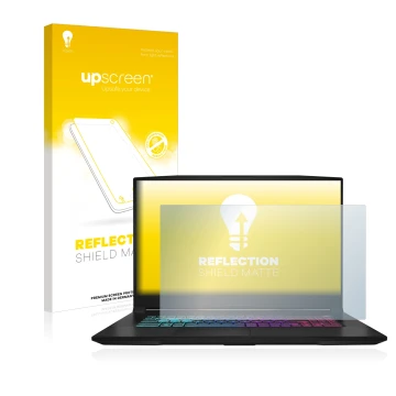 Front side of a product packaging with the brand logo upscreen. Next to it is the device MSI Katana 17 B13V shown with the cor