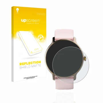 Front side of a product packaging with the brand logo upscreen. Next to it is the device Hama Fit Watch 4910 shown with the co