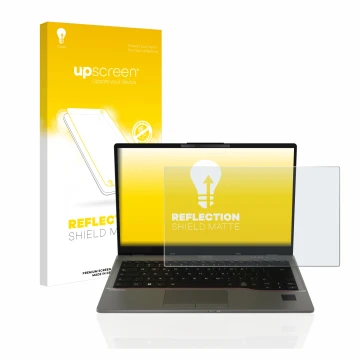 Front side of a product packaging with the brand logo upscreen. Next to it is the device Fujitsu Lifebook U7412 shown with the