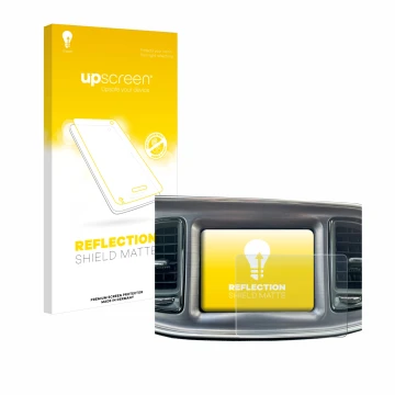 Front side of a product packaging with the brand logo upscreen. Next to it is the device Dodge Challenger Uconnect 8.4