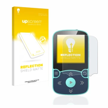 Front side of a product packaging with the brand logo upscreen. Next to it is the device AGPtek A65X MP3 Player with clip show