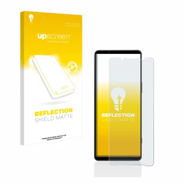 Front side of a product packaging with the brand logo upscreen. Next to it is the device Sony Xperia 1 V shown with the corres