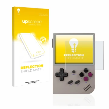 Front side of a product packaging with the brand logo upscreen. Next to it is the device Anbernic RG35XX shown with the corres