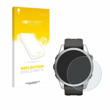 Front side of a product packaging with the brand logo upscreen. Next to it is the device Garmin Fenix 7S Pro Solar (42 mm) sho
