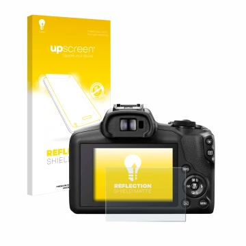 Front side of a product packaging with the brand logo upscreen. Next to it is the device Canon EOS R100 shown with the corresp