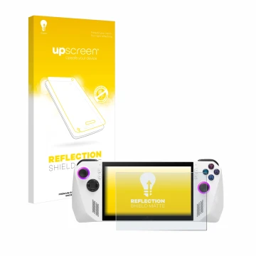 Front side of a product packaging with the brand logo upscreen. Next to it is the device ASUS ROG Ally (2023) RC71L shown with