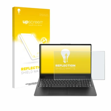 Front side of a product packaging with the brand logo upscreen. Next to it is the device Lenovo V15 Gen 4 AMN shown with the c