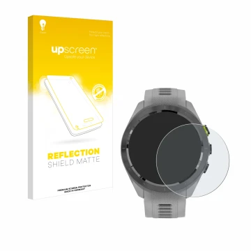Front side of a product packaging with the brand logo upscreen. Next to it is the device Garmin Approach S70 (42 mm) shown wit