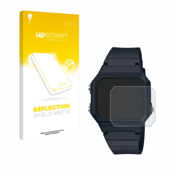 Front side of a product packaging with the brand logo upscreen. Next to it is the device Casio W-217H-1AVCF shown with the cor