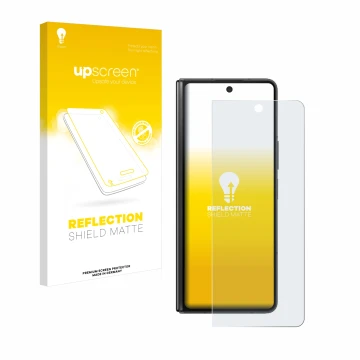 Front side of a product packaging with the brand logo upscreen. Next to it is the device Samsung Galaxy Z Fold 5 shown with th