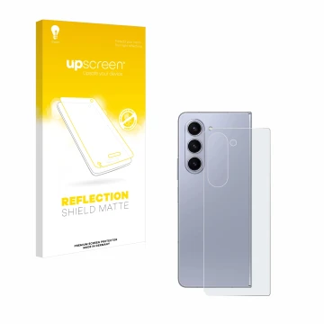 Front side of a product packaging with the brand logo upscreen. Next to it is the device Samsung Galaxy Z Fold 5 (Back) shown 