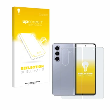 Front side of a product packaging with the brand logo upscreen. Next to it is the device Samsung Galaxy Z Fold 5 (Front+Back) 