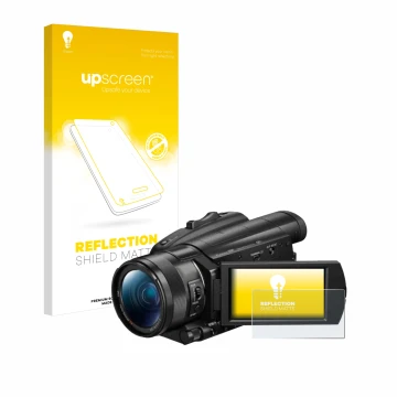 Front side of a product packaging with the brand logo upscreen. Next to it is the device Sony FDR-AX700 shown with the corresp