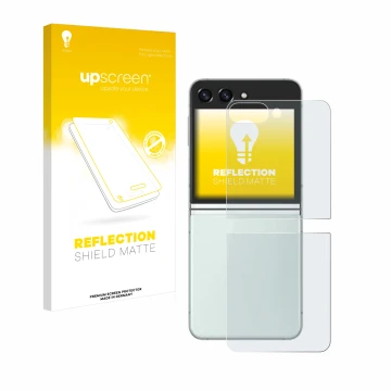 Front side of a product packaging with the brand logo upscreen. Next to it is the device Samsung Galaxy Z Flip 5 (Back) shown 
