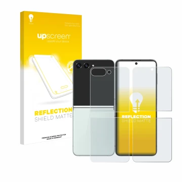Front side of a product packaging with the brand logo upscreen. Next to it is the device Samsung Galaxy Z Flip 5 (Front+Back) 