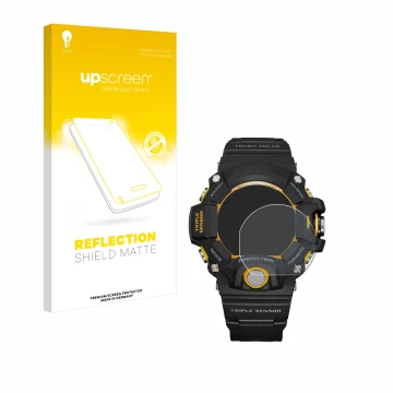 Front side of a product packaging with the brand logo upscreen. Next to it is the device Casio G-Shock GW-9400Y-1 shown with t
