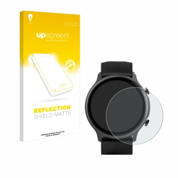 Front side of a product packaging with the brand logo upscreen. Next to it is the device Hama Fit Watch 6910 shown with the co
