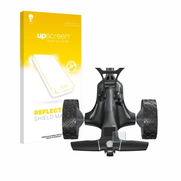 Front side of a product packaging with the brand logo upscreen. Next to it is the device Motocaddy M7 GPS Electric Trolley sho