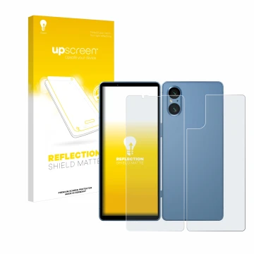 Front side of a product packaging with the brand logo upscreen. Next to it is the device Sony Xperia 5 V (Front+Back) shown wi