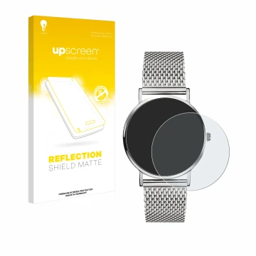Front side of a product packaging with the brand logo upscreen. Next to it is the device Liebeskind New Case Mesh (34 mm) show