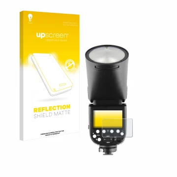 Front side of a product packaging with the brand logo upscreen. Next to it is the device Godox V1 shown with the corresponding