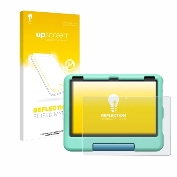 Front side of a product packaging with the brand logo upscreen. Next to it is the device Amazon Fire HD 10 Kids 2023 shown wit