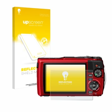 Front side of a product packaging with the brand logo upscreen. Next to it is the device Olympus OM System Tough TG-7 shown wi