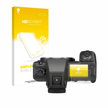 Front side of a product packaging with the brand logo upscreen. Next to it is the device Fujifilm GFX100 II (top plate display