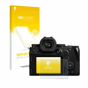 Front side of a product packaging with the brand logo upscreen. Next to it is the device Panasonic Lumix DC-S5M2X shown with t