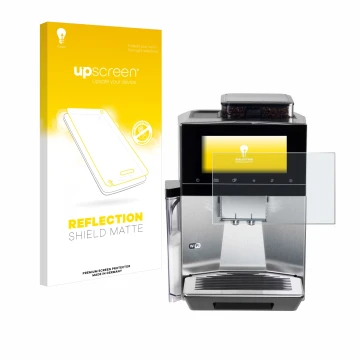 Front side of a product packaging with the brand logo upscreen. Next to it is the device Siemens EQ900 TQ903D03 shown with the