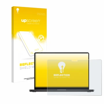 Front side of a product packaging with the brand logo upscreen. Next to it is the device Apple MacBook Pro 16