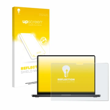 Front side of a product packaging with the brand logo upscreen. Next to it is the device Apple MacBook Pro 14