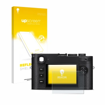 Front side of a product packaging with the brand logo upscreen. Next to it is the device Leica M11-P shown with the correspond