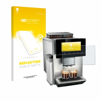 Front side of a product packaging with the brand logo upscreen. Next to it is the device Siemens EQ900 TQ907D03 shown with the