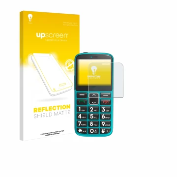 Front side of a product packaging with the brand logo upscreen. Next to it is the device Uleway Seniorenhandy shown with the c