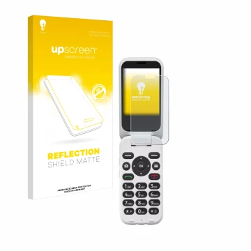 Front side of a product packaging with the brand logo upscreen. Next to it is the device Doro 6820 shown with the correspondin