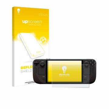 Front side of a product packaging with the brand logo upscreen. Next to it is the device Valve Steam Deck OLED shown with the 