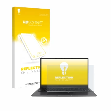 Front side of a product packaging with the brand logo upscreen. Next to it is the device ASUS Vivobook 15 OLED shown with the 