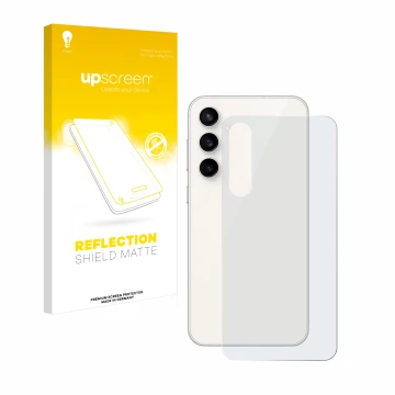 Front side of a product packaging with the brand logo upscreen. Next to it is the device Samsung Galaxy S23 FE (Back) shown wi