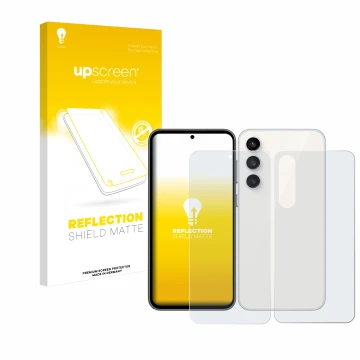 Front side of a product packaging with the brand logo upscreen. Next to it is the device Samsung Galaxy S23 FE (Front+Back) sh